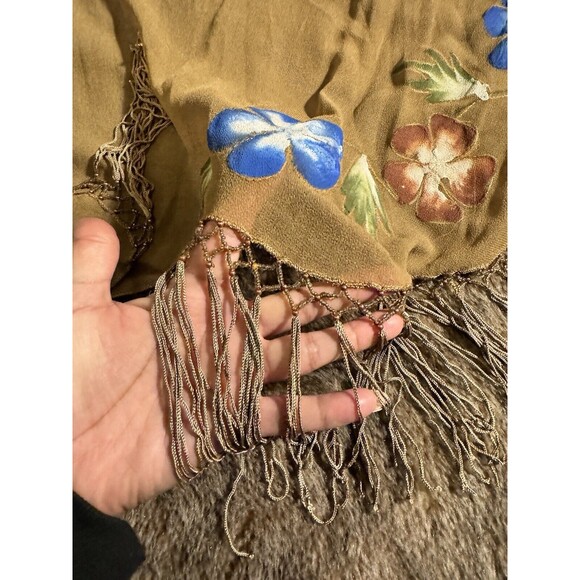 SHAWL BIKINI COVER UP FRINGE SHEER BROWN BEADS HAND PAINTED SCARF SURFACE VTG - Picture 8 of 9